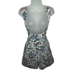 Vintage 80s Floral Denim Shortalls Romper Pleated Medium 11/12 Cottage High Rise